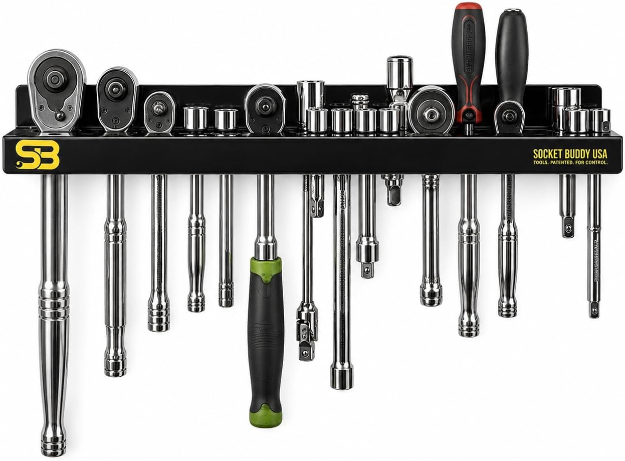 Socket Buddy Steel Screwdriver Organizer Wall Mount – 24 Slot Multi Tool & Ratchet Holder | Premium Garage Storage System & Workbench Organizer for Professional Mechanics and DIY Enthusiasts