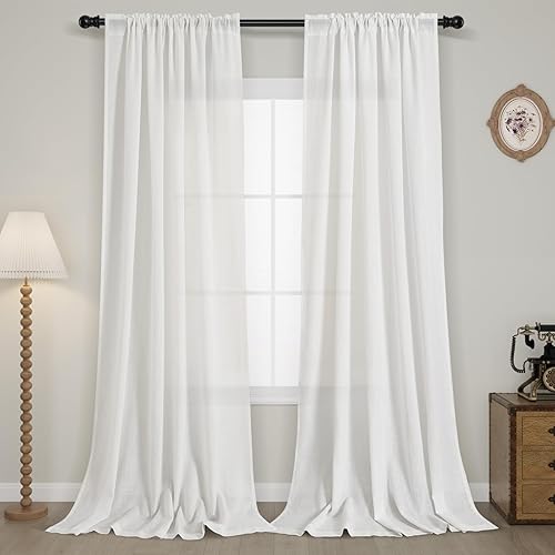 Miniatura 1 de Guken - Cortinas de lino para sala de estar o dormitorio - Juego de 2 cortinas semitraslúcidas con dobladillo para cortinero, estilo bohemio rústico