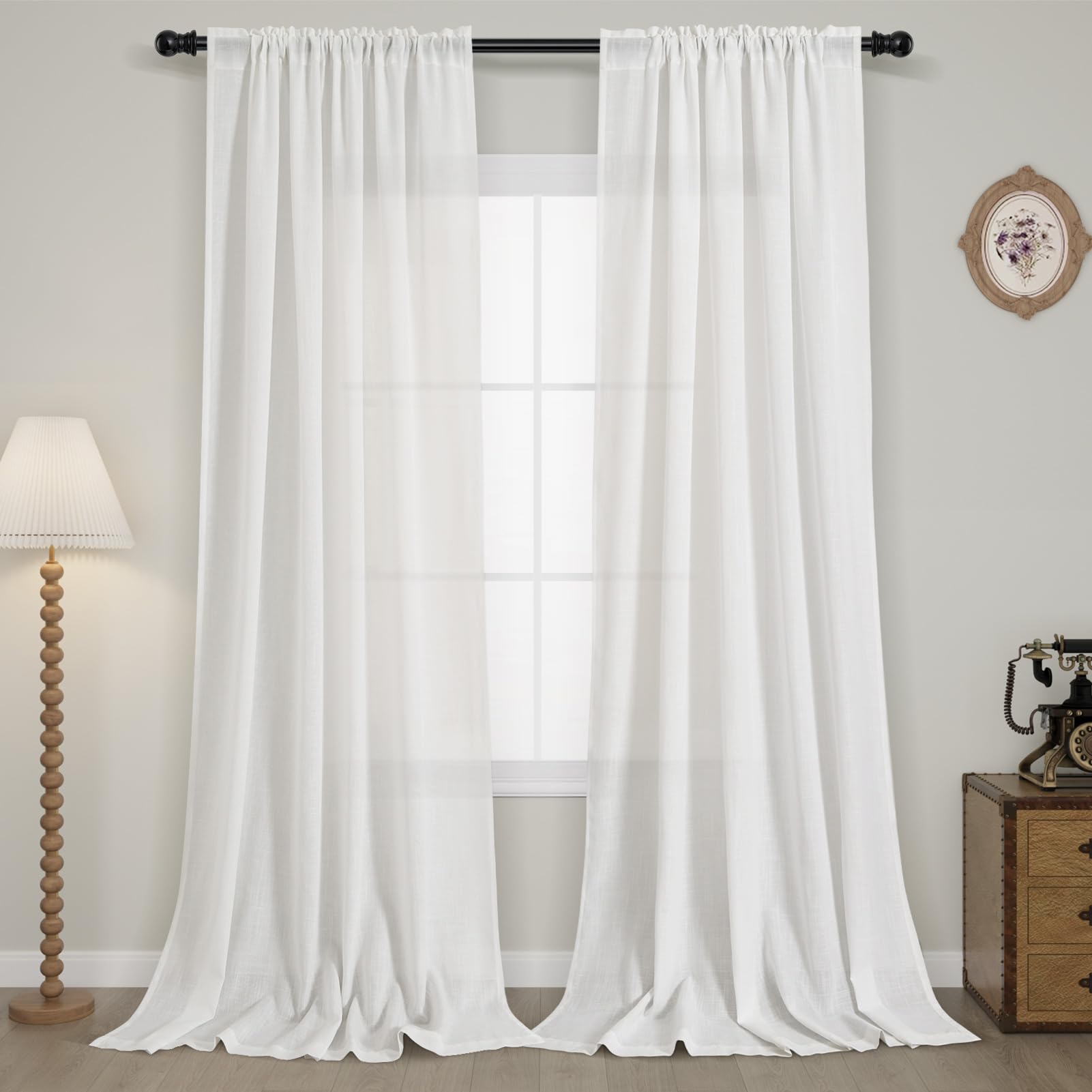 Guken Off White Linen Curtains 84 Inch Length for Living Room Bedroom 2 Panels Set Rod Pocket Light Filtering Semi Sheer Window Curtains 52 Inch Width