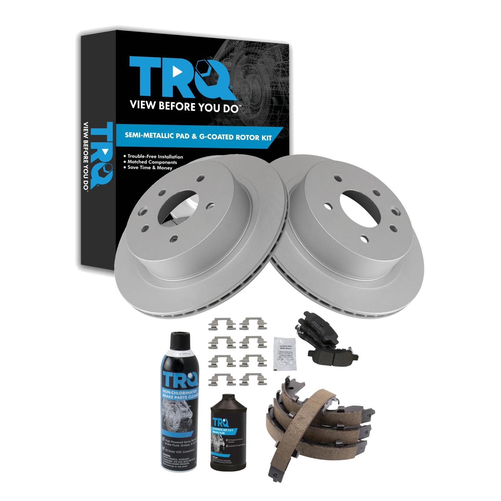 TRQ Rear Brake Pad &amp; Rotor Kit, with Chemical Kit Parking Brake Shoe Set Semi-Metallic Compatible with 2003-2005 Infiniti G35 Nissan 350Z
