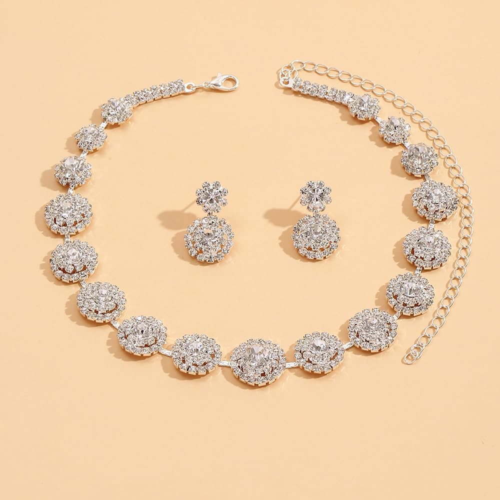 JWICOS Crystal Bridal Jewelry Set Bride Silver Bridal Necklace Earrings Set Rhinestone Choker Necklace for Women - Image 2