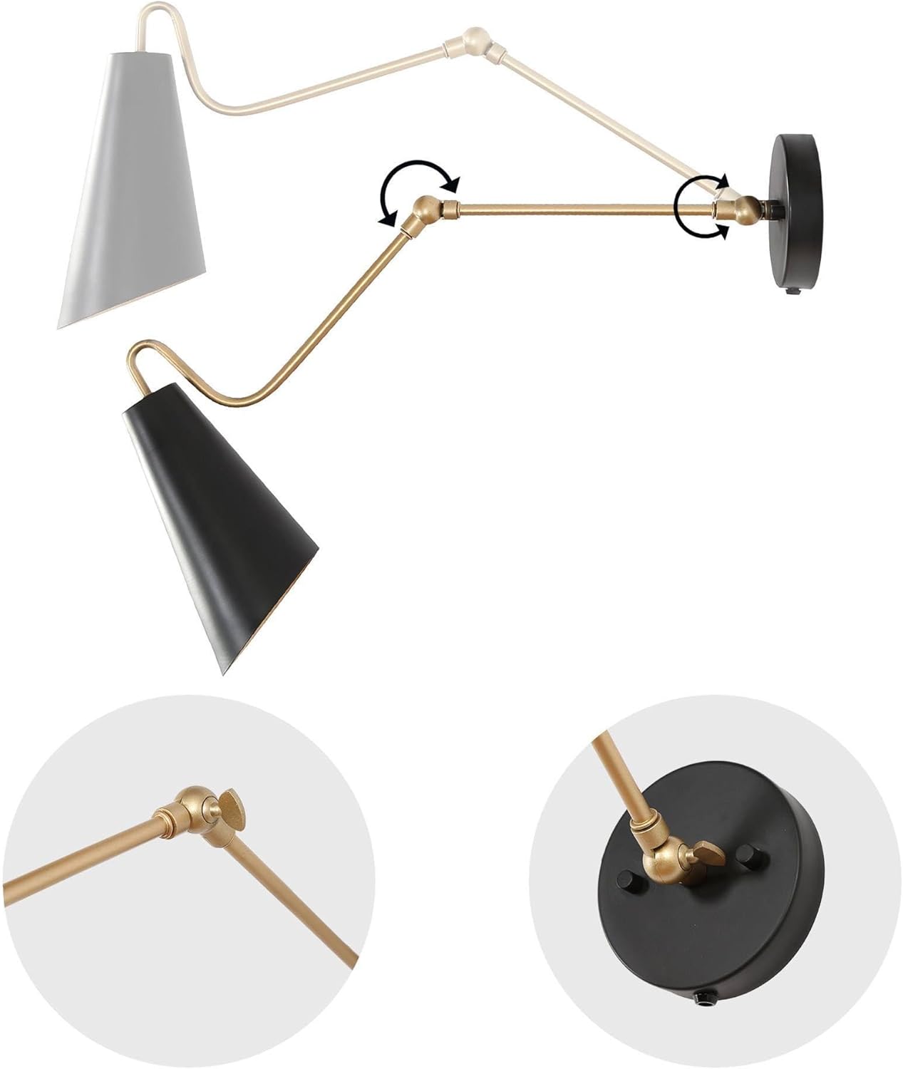 KSANA Modern Swing Arm Wall Lamp, Plug in or Hardwired Wall Sconces Lighting, Black and Gold Adjustable Light Fixture with On/Off Switch for Bedroom, Kitchen and Living Room