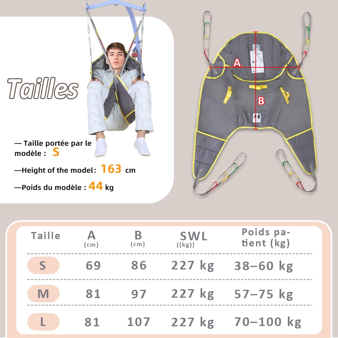 EZ Assistive Sangle Lève-Personne avec Têtière, Harnais de Transfert en Filet à Jambes Séparées pour Bain et Toilettes, Charge Max 227 kg, Compatible avec Soulève-Malade Standard (PurpleGray, Moyen)