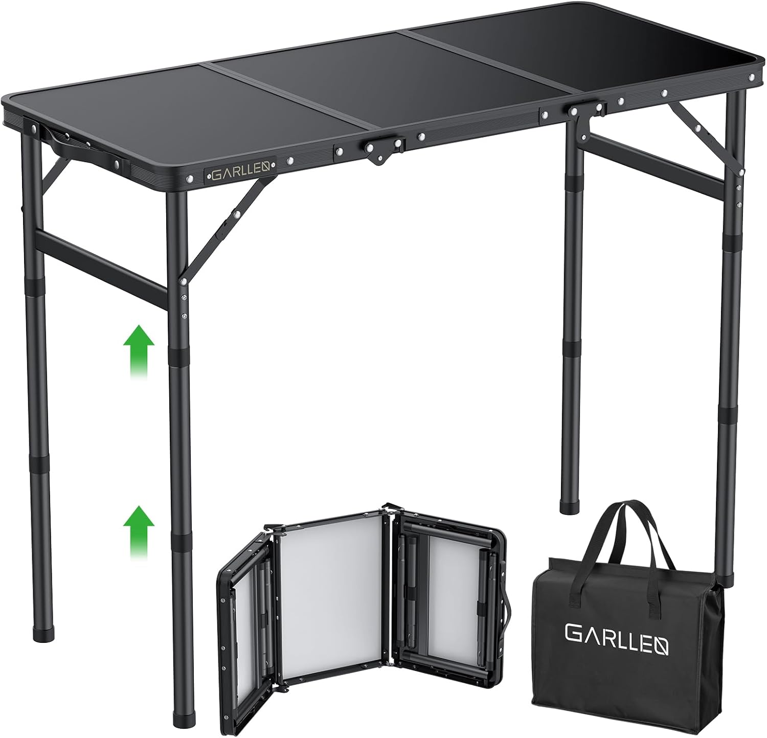 GARLLEN Folding Camping Table, 3-Adjustable Height Portable Picnic Table with Carrying Bag, Lightweight Aluminum Folding Outdoor Table for Camping, BBQ, Picnic, 34.2" L x 15.7" W, Black Tabletop Size: 34.2"L x 15.7"W Black