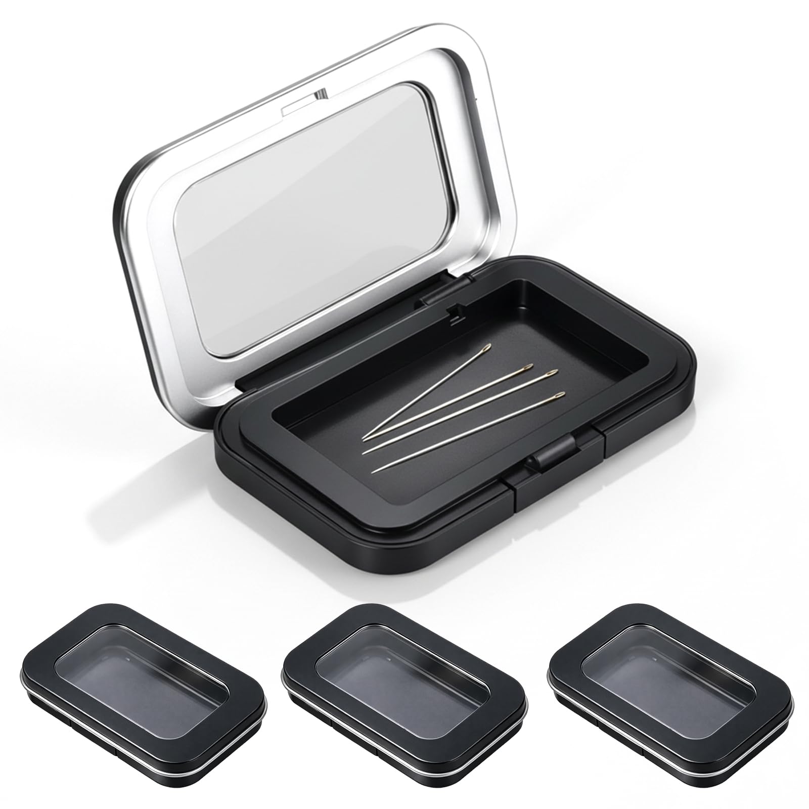 PEOVLVN 4 Pack Magnetic Sewing Needle Holder Pin Storage Case with Clear Lid Needle Storage Organizer Box for Sewing Quilting Crafts Supplies Bobby Pins Paper Clips (Black)