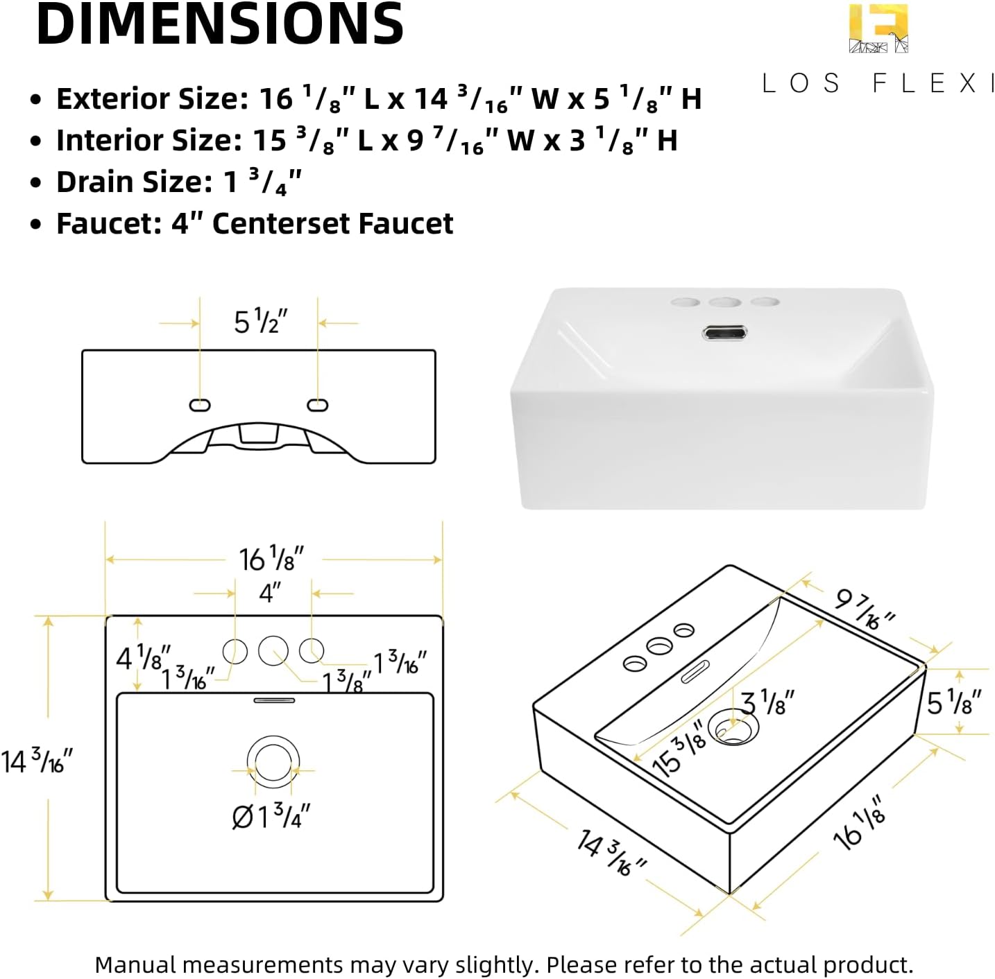 16"W x 14"D Wall Mounted Bathroom Sink With 3 Pre-drilled 4-Inch Faucet Holes, Los Flexi 16 Inch White Rectangular Ceramic Vessel Sink With Overflow, Compact Wall Hung Sinks for Small Bathrooms