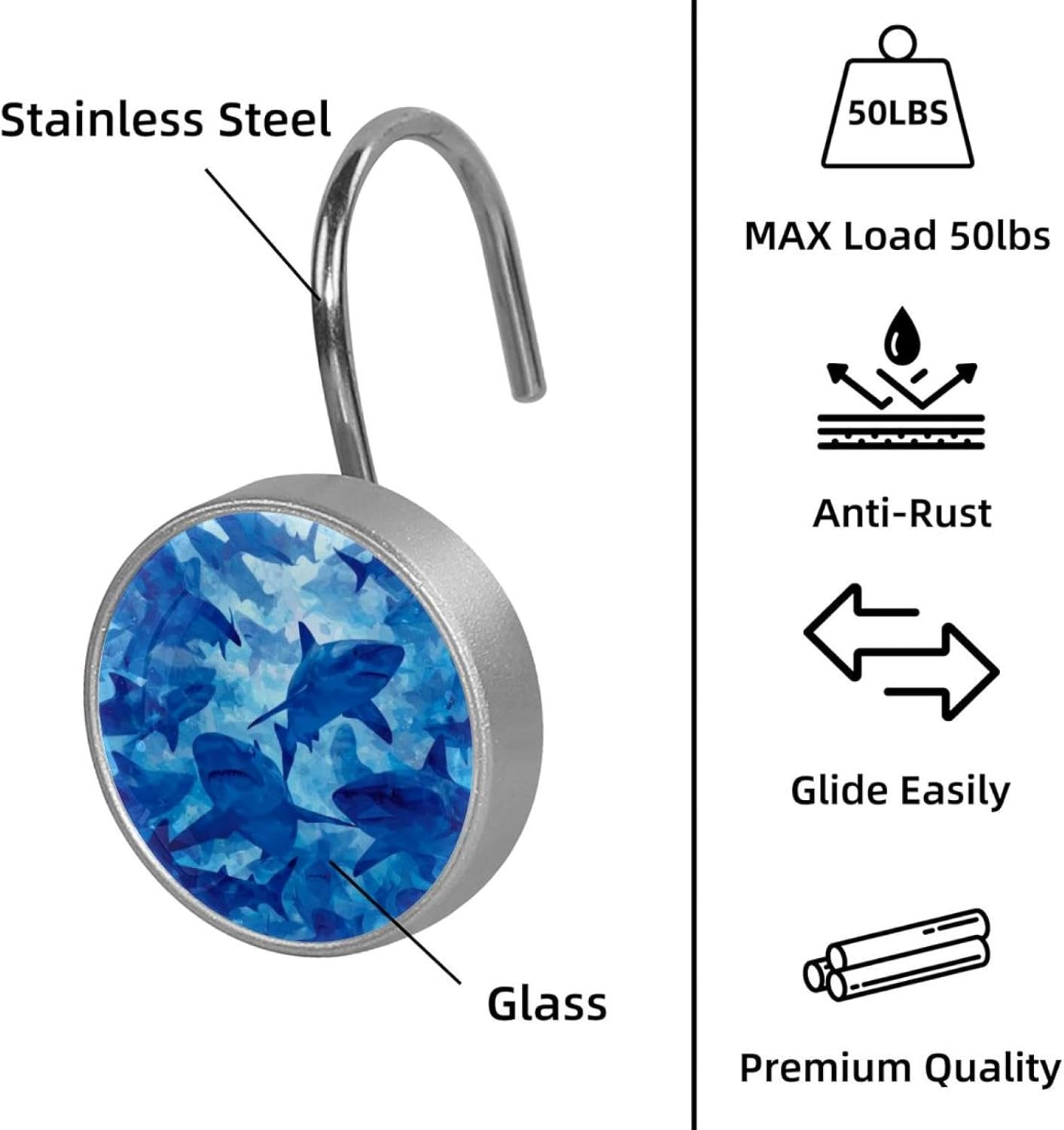 12PCS Sharks Blue (1) Shower Curtain Hooks Metal Rust Resistant Decorative Shower Curtain Hooks Bathroom Decorations