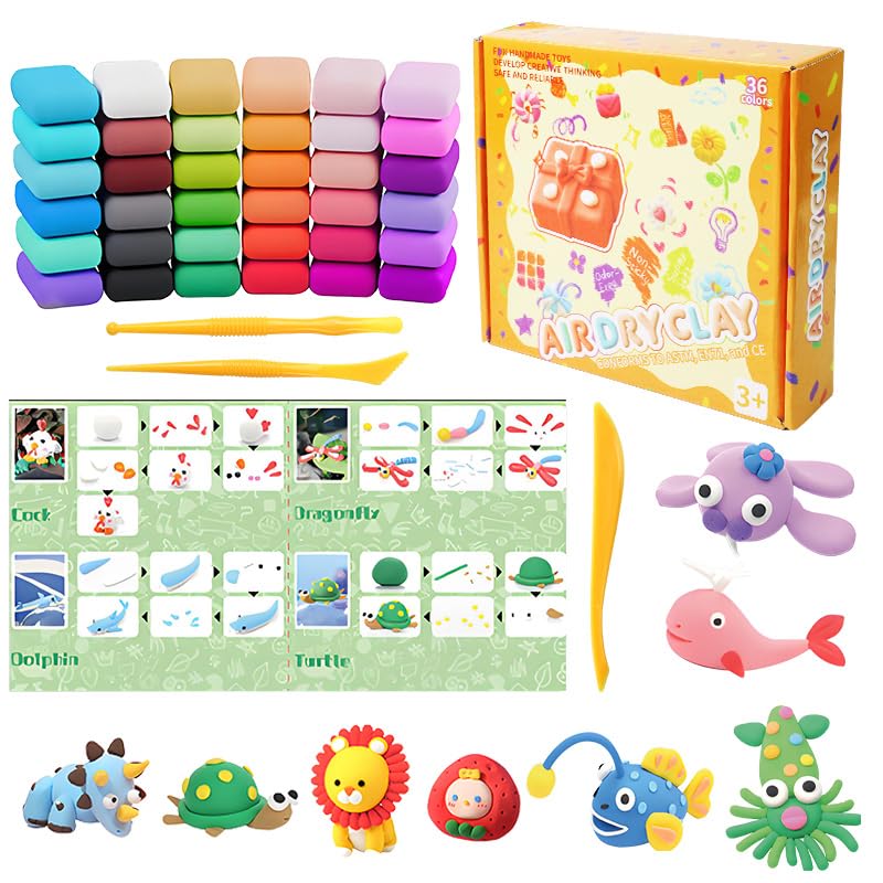 36 Colores Arcilla Secado al Aire, Arcilla Polimérica, Air Dry Clay, Kit Manualidades Niños, Incluye Herramientas de Modelado e Instrucciones de Uso, Adecuadas para Regalos Artesanales y Manualidades.