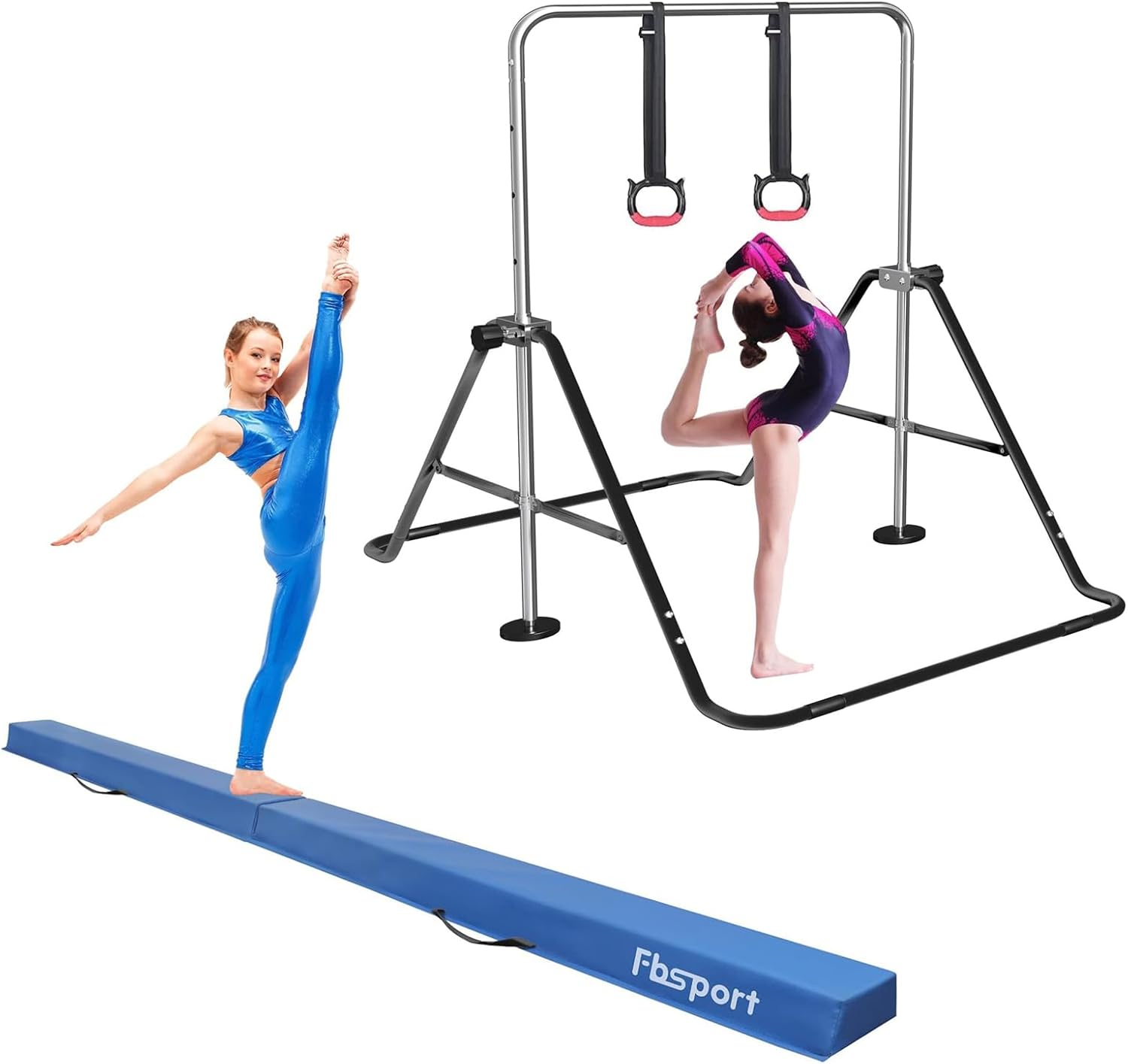 FBSPORT 8FT Folding Floor Beam, Ideal for Home Training and Professional Practice and Gymnastics Bar & Balance Beam Set for Kids, Adjustable Height Horizontal Bar with Rings