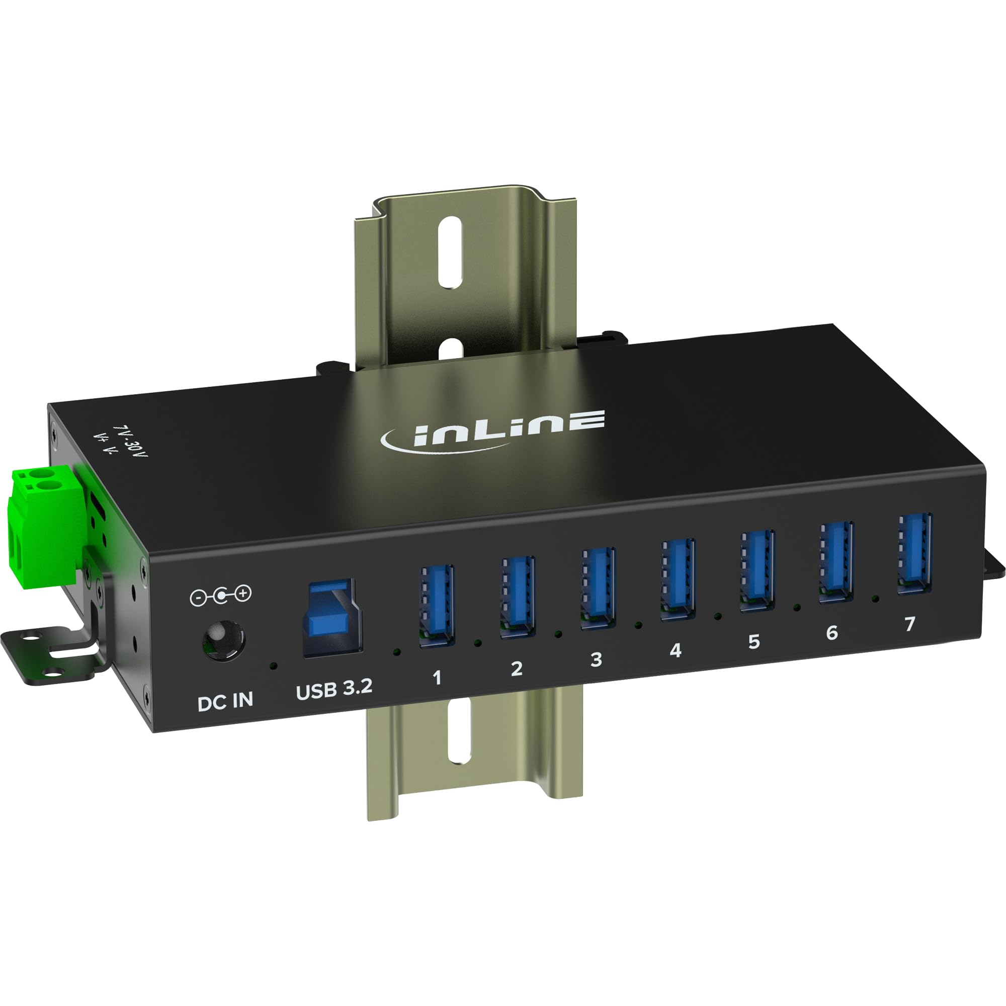 Inline Hub Industrial USB 3.2 Gen.1 con 7 Puertos, Carcasa de Aluminio, Montaje en Carril DIN, concentrador USB Activo con Fuente de alimentación, 5 GB/s, 35396B