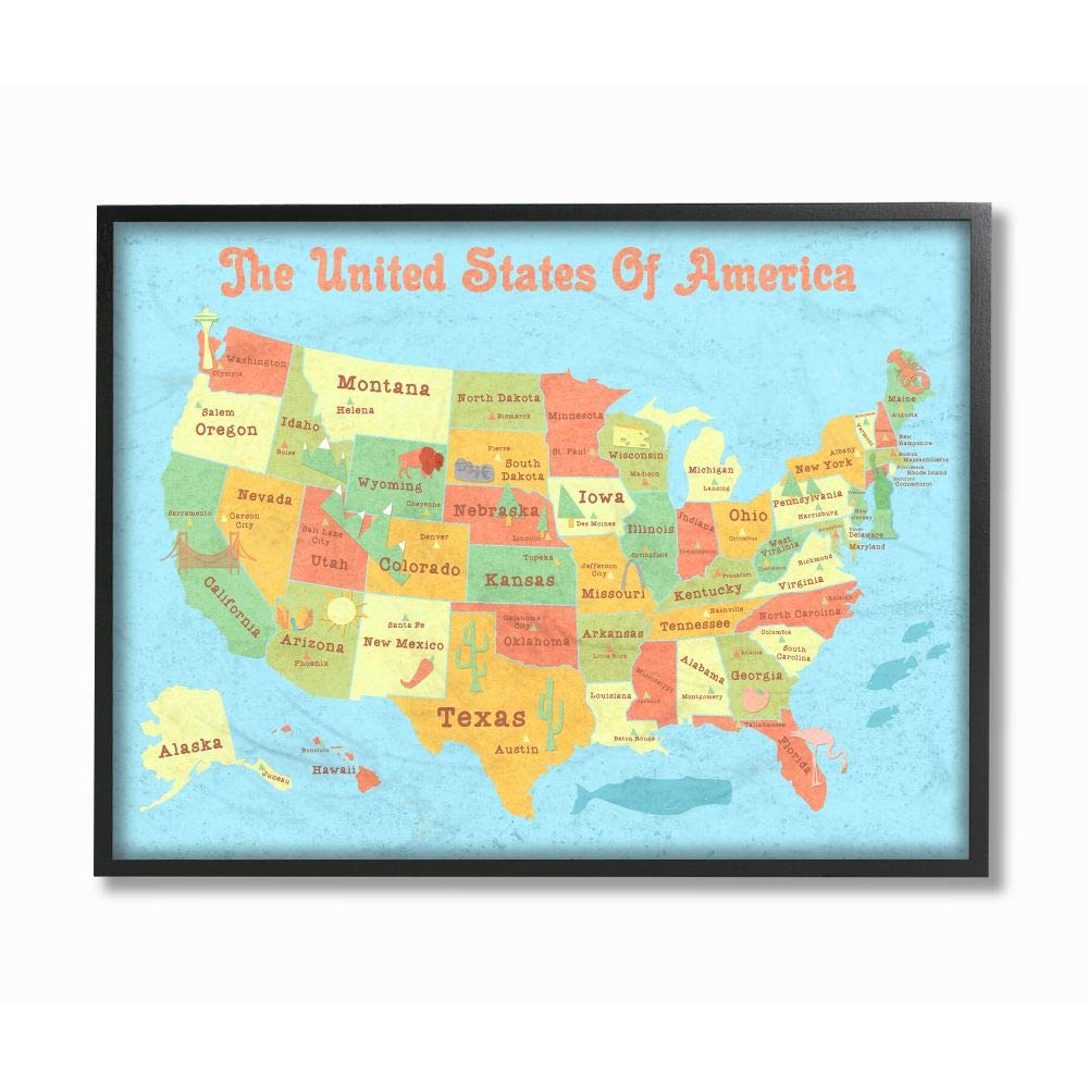 Stupell Industries United States of America USA Kids Map Framed Giclee Texturized Art, Proudly Made in USA