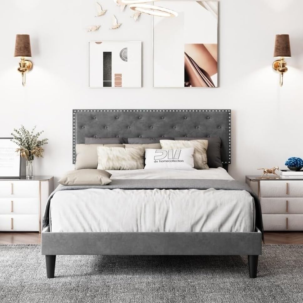 Image of Wooden Modern Upholstered Queen Size Bed for Bedroom | Wooden Double Bed Without Storage | Platform Cot Upholstered Bed with Upholstery Fabric | Engineered Wood | 6.5 x 5 Ft | Grey Kylian