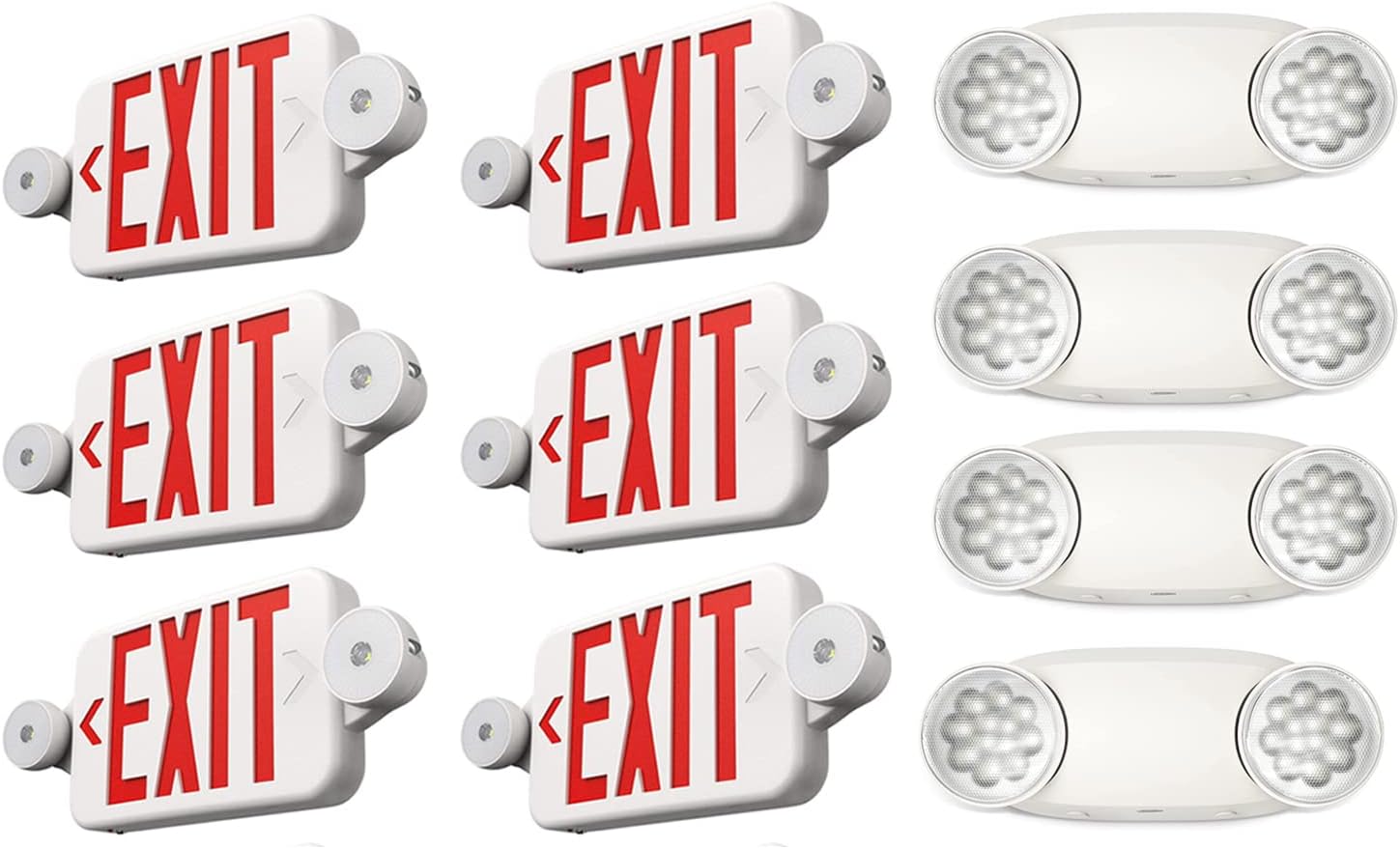 6 Pack Exit Sign with Emergency Lights, Two LED Adjustable Head Emergency Exit Light with Battery Bundle 4 Pack Emergency Light, Emergency Lights for Business