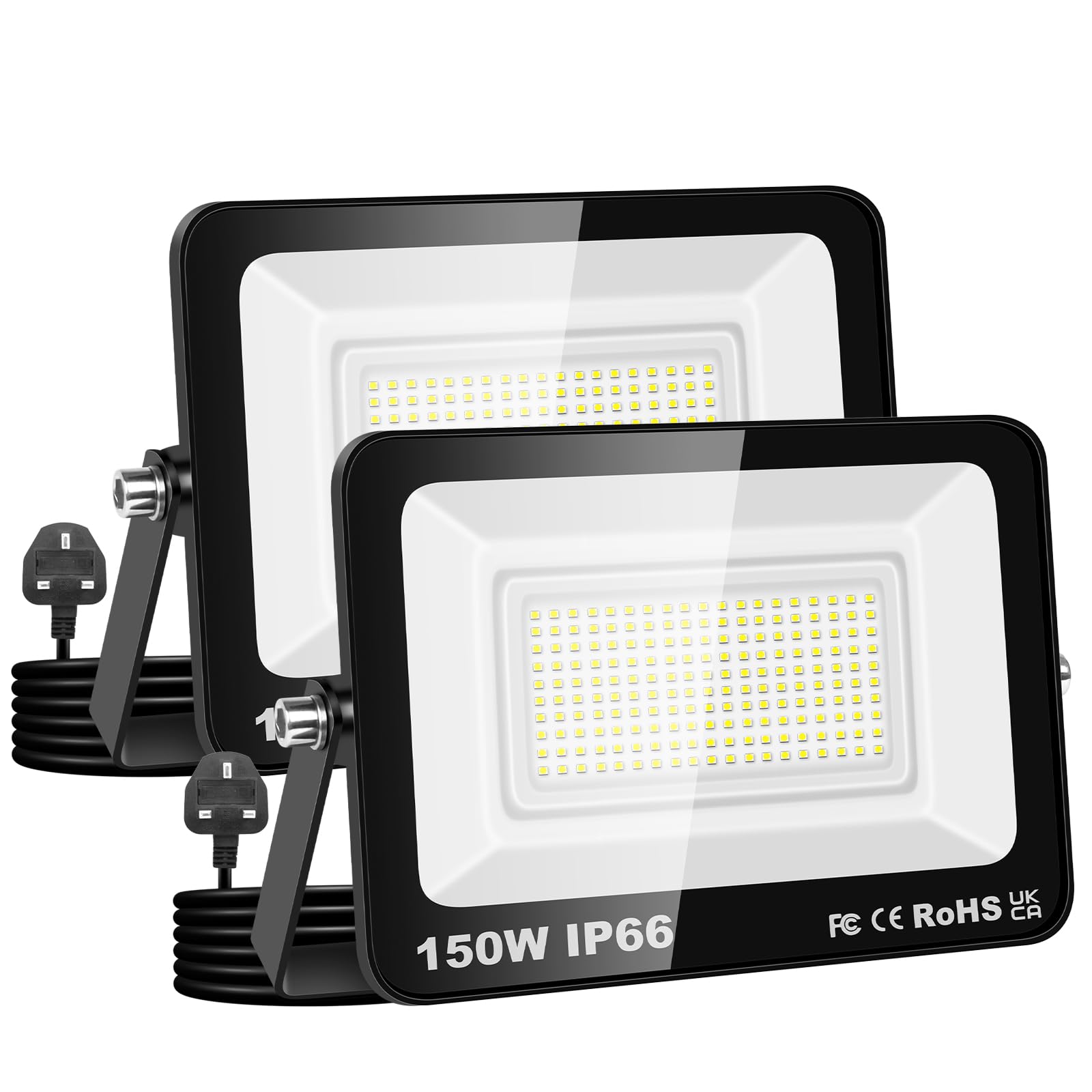 AUXTINGS 2 Pack Flood Lights Outdoor, 150W Exterior Floodlight, IP66 Waterproof Plug in Floodlights,1.5M Wire,4000K Warm White Work Light, 15000LM Security Lights for Yard Garage Patio Stadium