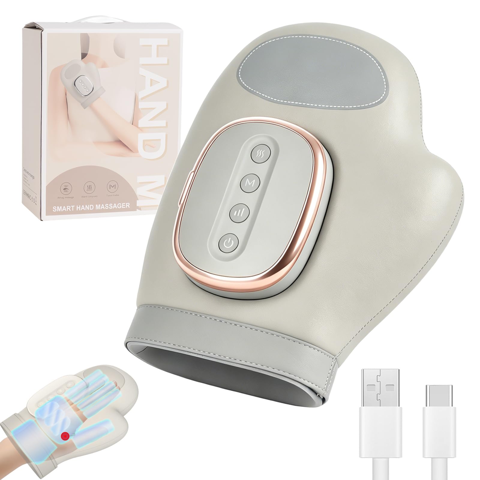 Handmassagegerät mit wärmefunktion - Wireless hand massagegerät, 3 Massagemethoden, 5 Druck und Luftdruckfunktionen, Elektrische hand massager, ideale Geschenke für Damen Herren