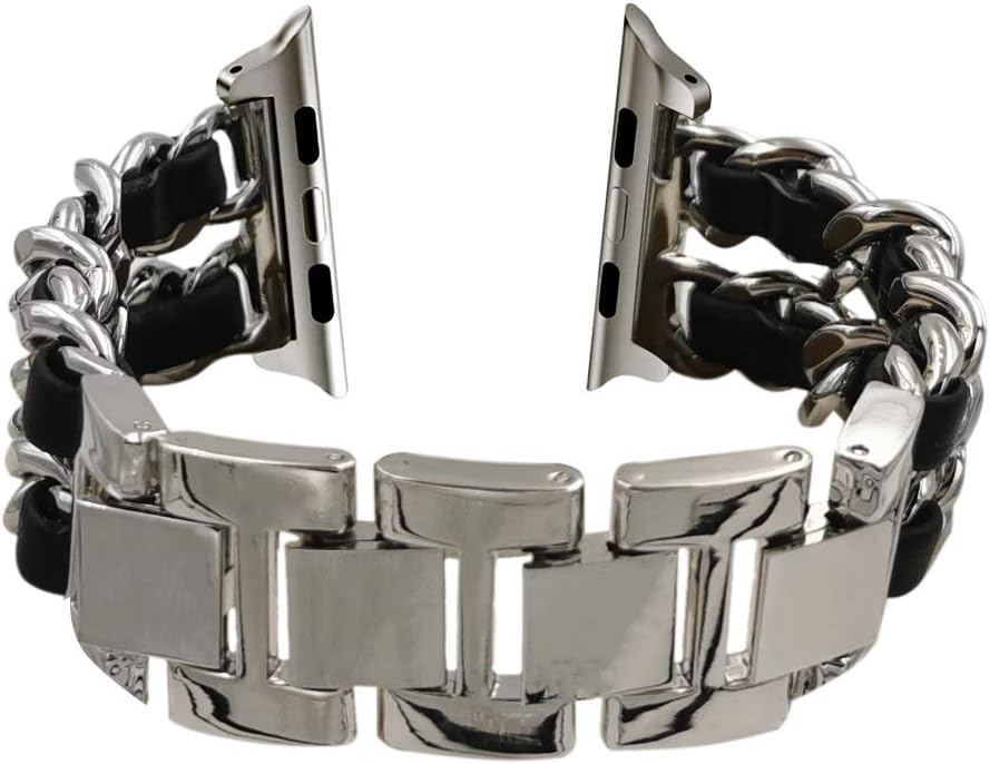 MaKTech Cowboy Style Bracelet Alloy Winding Leather Band Compatible with Apple Watch Series 9/Ultra 2/SE/8/7/2023 (42mm/41mm/40mm,Silver/Black)