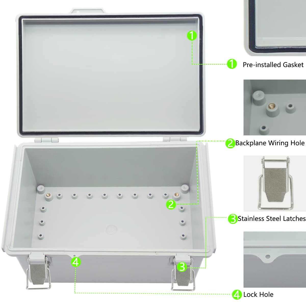 Zulkit Scatola di giunzione in plastica ABS resistente alla polvere impermeabile IP67 Scatole elettriche incernierate Esterno universale Grigio Fibbie in acciaio inossidabile 29 x 19 x 14 cm
