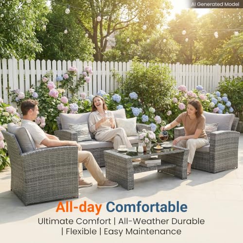 Image of Wisteria Lane Patio Furniture Set, Wicker Outside Outdoor Furniture for All Weather, Patio Sofa with High Backrest Support and Wide Armrest for Backyard, Balcony, Deck, Porch, Ash Gray