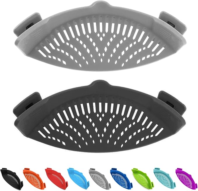 Clip on Kitchen Food Strainer for Spaghetti, Pasta, Meat, Fruits, Vegetables. Silicone Kitchen Food Strainer for Pots & Bowls. (Grey&Black)
