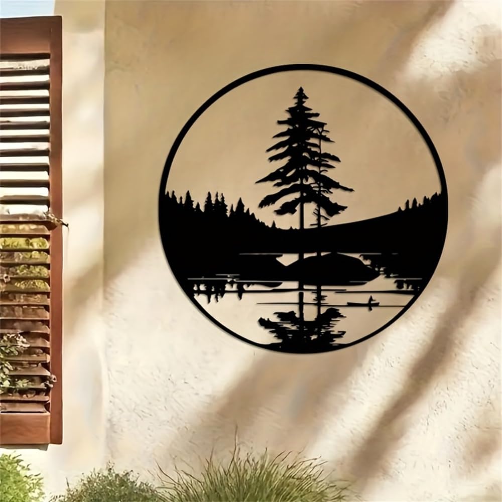Decoración de pared abstracta contemporánea de metal, escultura de lago y bosque, 40 cm/15,75 pulgadas, arte paisajístico moderno inspirado en la naturaleza para interiores y exteriores, patio y