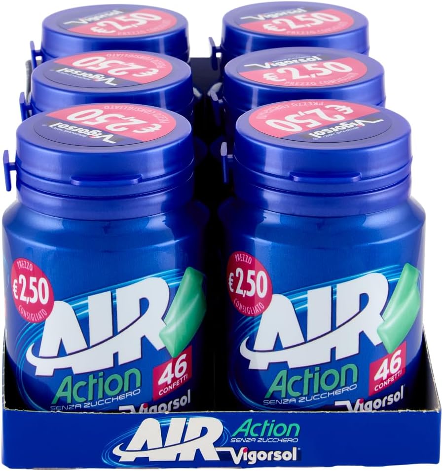 Vigorsol Air Action Chewing Gum in Confetti, Senza Glutine, Senza Zucchero, Gusto Menta, Formato Scorta Confezione da 6 Mini Barattoli, 46 Gomme da Masticare Ciascuno