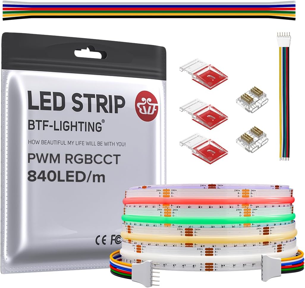 BTF-LIGHTING FCOB COB LED Strip RGBCCT Color Changing 16.4FT 960LED/m Flexible High Density Light RGB+CCT Tunable 3000K-6000K DC24V 12mm Width for Indoor Decor(No Adapter or Controller)