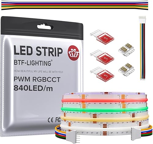 BTF-LIGHTING FCOB COB - Tira LED RGBCCT que cambia de color, 9.8 pies, 840LEDm, flexible, de alta densidad, RGB+CCT, sintonizable, 3000K-6000K