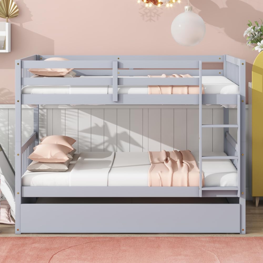 Photo 1 of ARCOSUCU Full Over Full Rubber Wood Bunk Bed with Trundle, Ladder & Guardrails | Convertible to 2 Full Size Beds (Grey + Rubber Wood)
