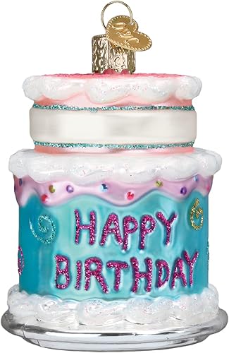 Old World Christmas Adorno soplado de vidrio para pastel de feliz cumpleaños para árbol de Navidad