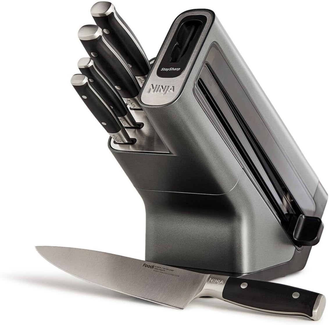 Foodi StaySharp Knife Block with Integrated Sharpener, 5-Piece Set, Includes Kitchen and Herb Scissors, Black/Stainless Steel, K32005UK