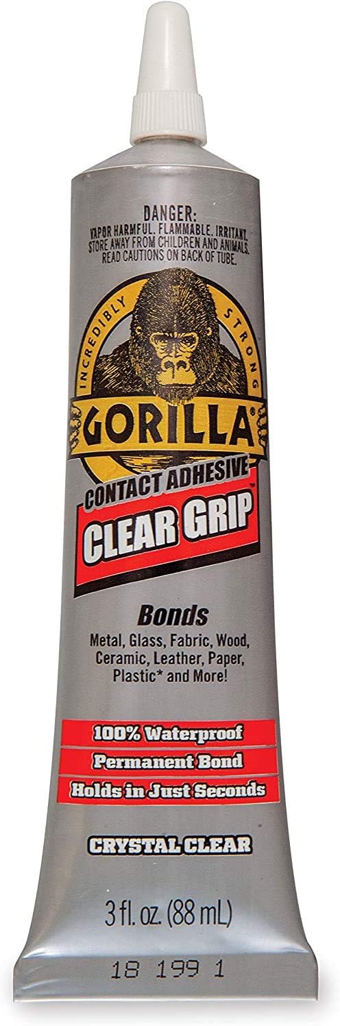 Hareupeun view of the Gorilla Clear Grip Contact Adhesive tube.