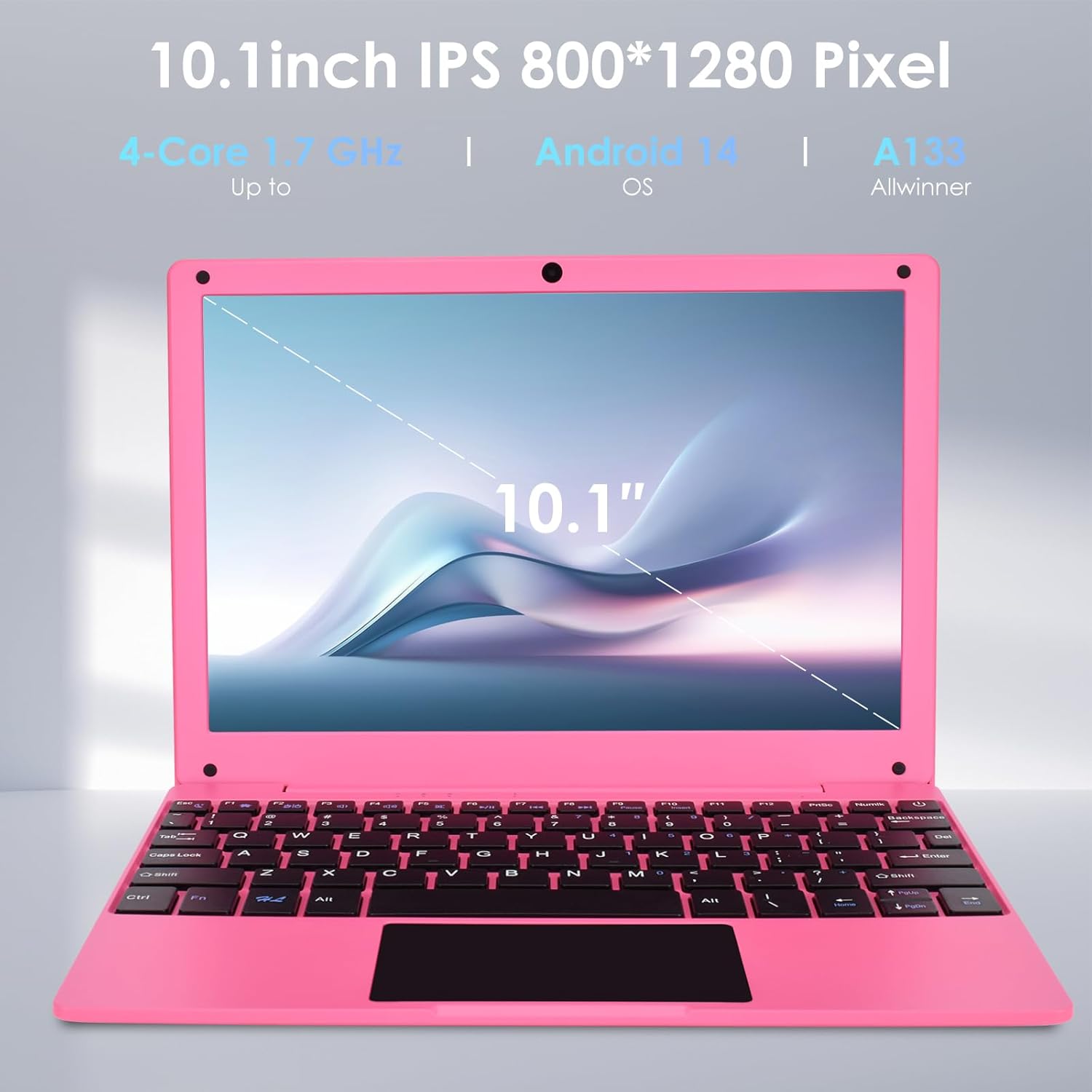 Mini Laptop Computer, 10.1 inch Android 13, 2GB RAM, 64GB Storage, HD IPS Display, 1280x800 Pixel, Portable Netbook with Allwinner A133 CPU (Pink)