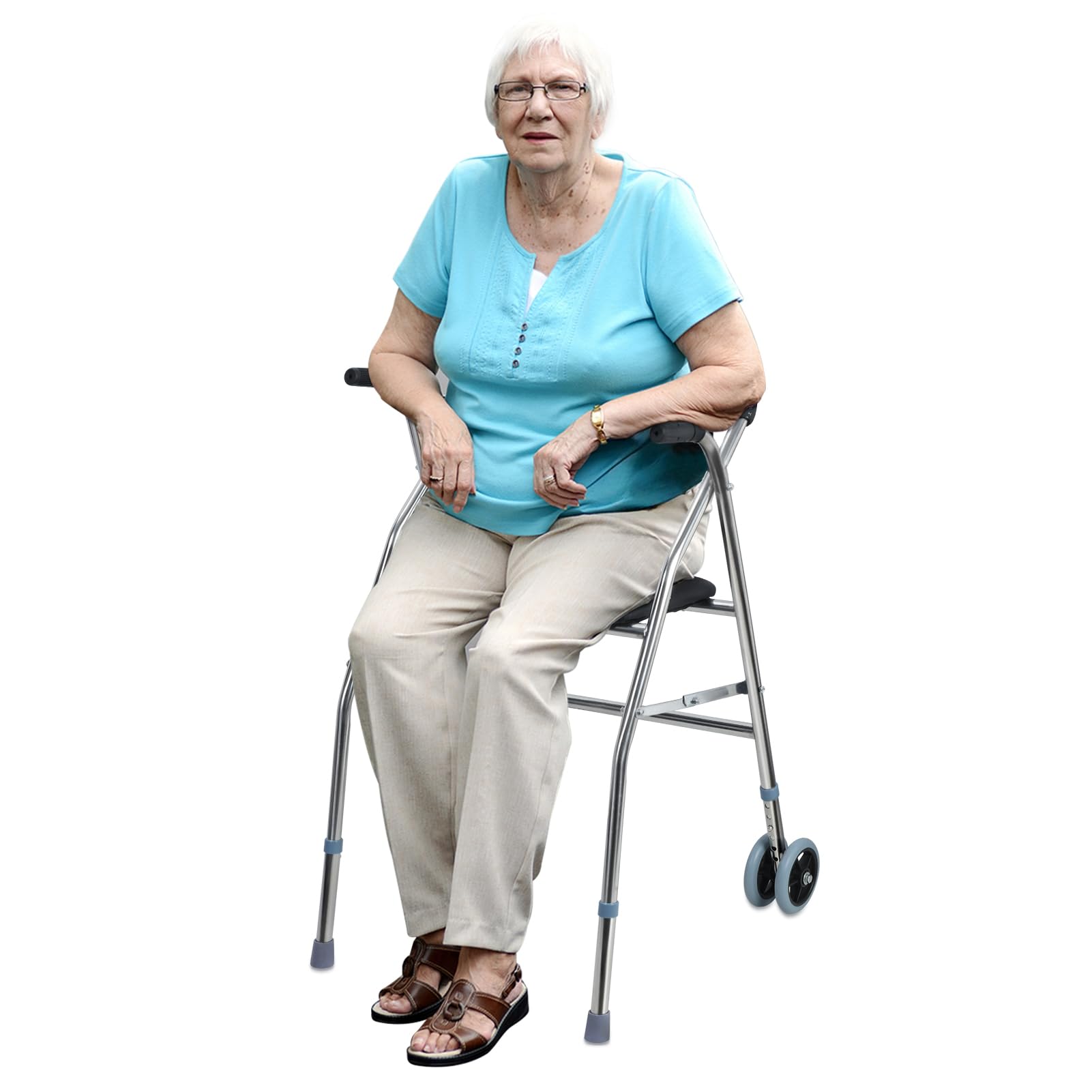 Funrautz Black Lightweight Folding Walker, Height Adjustable Mobility Aid With Wheels Seat And Armrests, Upright Senior Walker,Rolling Walker For Elderly Disabled