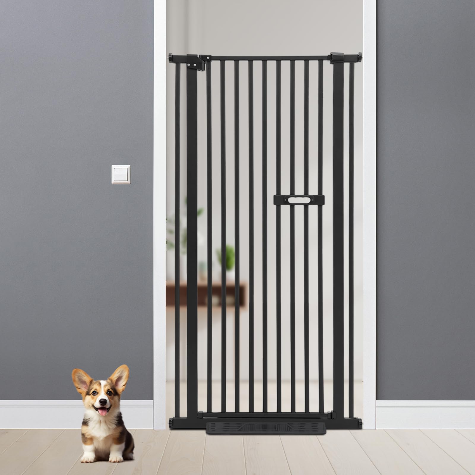 Schutztor FüR Haustiere,150cm Schutzgitter FüR Haustiere Extra Hoch Und Breit Treppenschutzgitter Mit KatzentüR & Doppelverriegelung Verstellbare Breite 76-85cm (Schwarz)