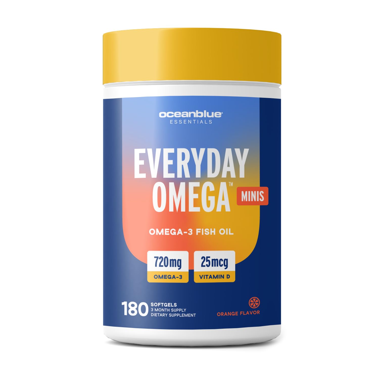 Oceanblue Essentials Everyday Omega Minis | Burpless Fish Oil with Vitamin D3 | Heart and Immune Support | Easy to Swallow Mini Softgels | Orange Flavor | 3 Month Supply (180 Count Minicap)