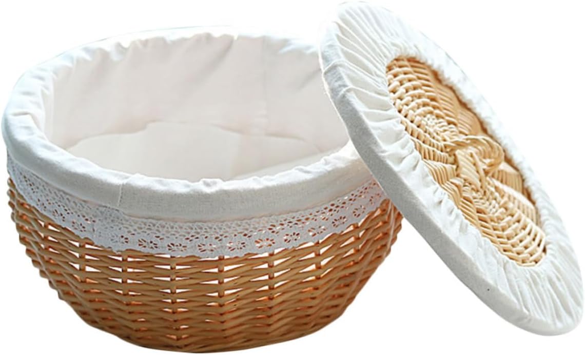 Woven Imitation Rattan Food Storage Basket with Pure White Liner, Medium 30cm Diameter, Multipurpose Bread and Snack Organizer for Kitchen and Dining Table