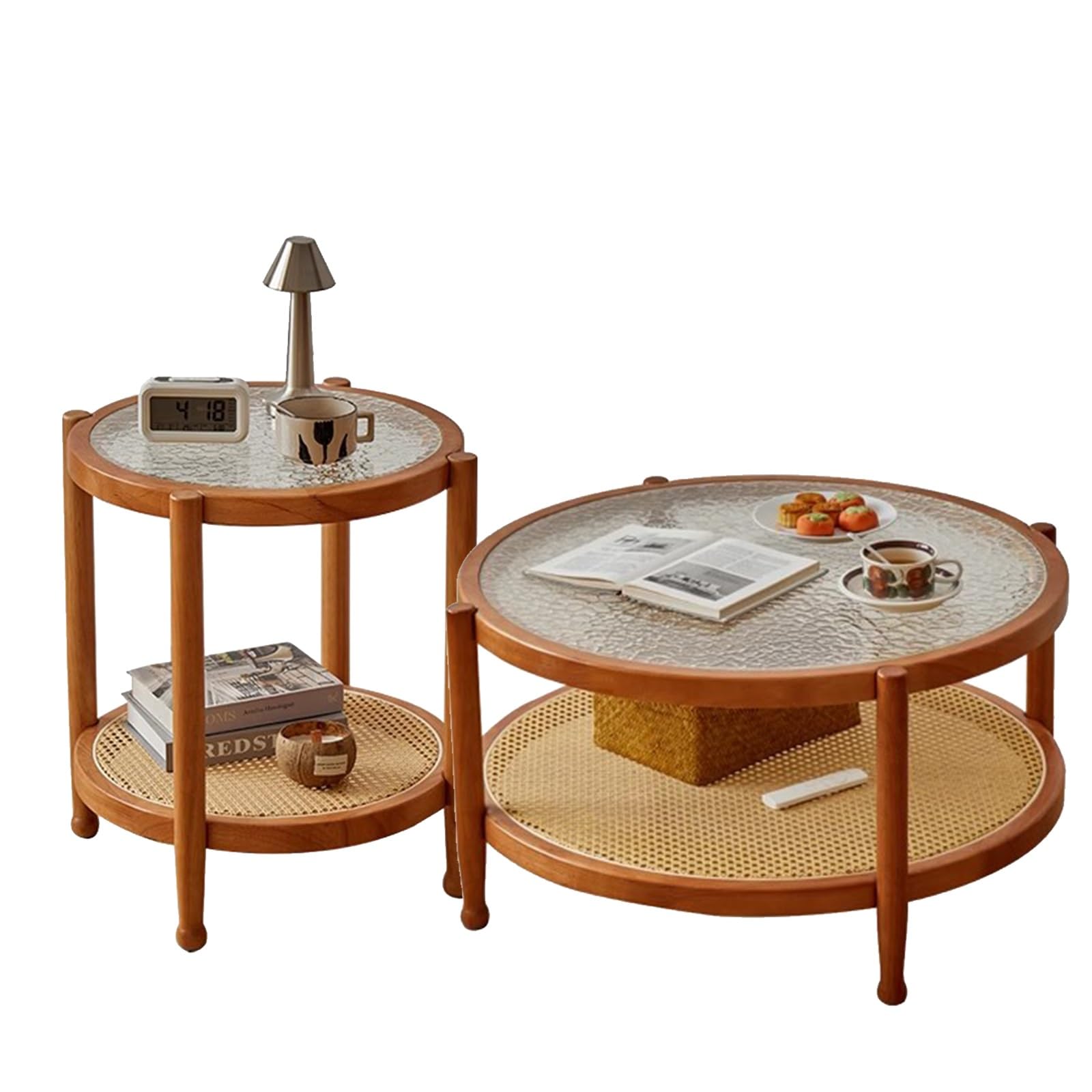 SXZenSpace Round Rattan Coffee Table, Set of 2 Wood Side with 2-Tier Storage, Water-Wave Tempered Glass Tabletop, for Home Bedroom(Red)