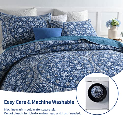 Qucover Queen Quilt Sets Blue And White Mandala Pattern Lightweight Comforters Bedding Set With 2 Pillowcases, 3 Piece Cotton Quilts For All Season, 90X98 Inch #TOP3