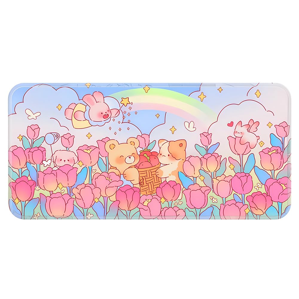 PERFECTSIGHT Cute Desk Mat Kawaii Rainbow Bunny Bear Kitty Desk Pad, Large Gaming Mouse Pad, Funny Girls Deskmat Mousepad, Anime Laptop Keyboard Pad