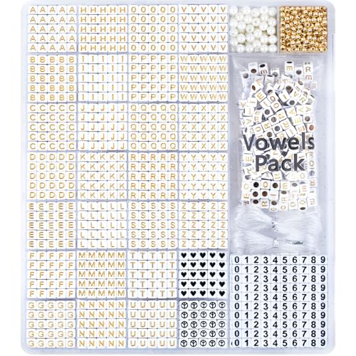 DoDoBeads Gold Letter Beads for Bracelets - Beads for Friendship Bracelet Making- 1270Pcs Square Acrylic Letter Beads with Extra Vowels & Number Beads and Spacer Beads