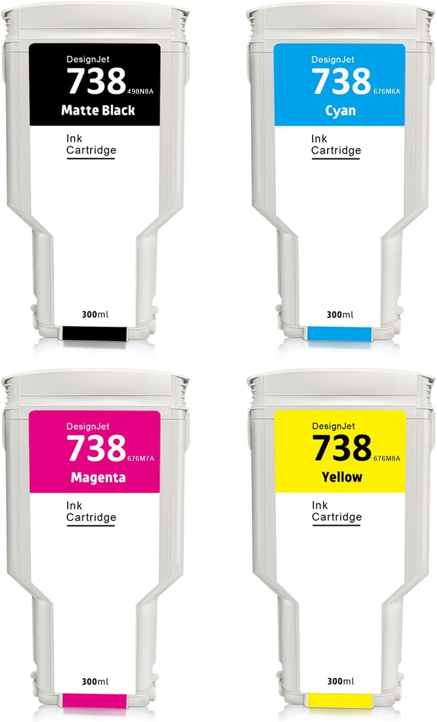 Compatible for HP 738 Ink Cartridge 300ML 498N8A 676M6A 676M7A 676M8A for DesignJet T850 T950 Printer Ink 4 Pack (Black Cyan Yellow Magenta)