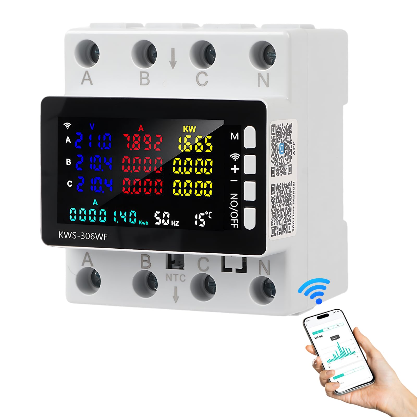 Medidor de Consumo Electrico Wifi, 3 Fases 4 Conductores Contador de Electricidad, 9 en 1 Contador Electrico Digital, Voltímetro Amperímetro Carril Din, 80A 220V | Mando a distancia por aplicación, pantalla LCD a color, riel para sombrero