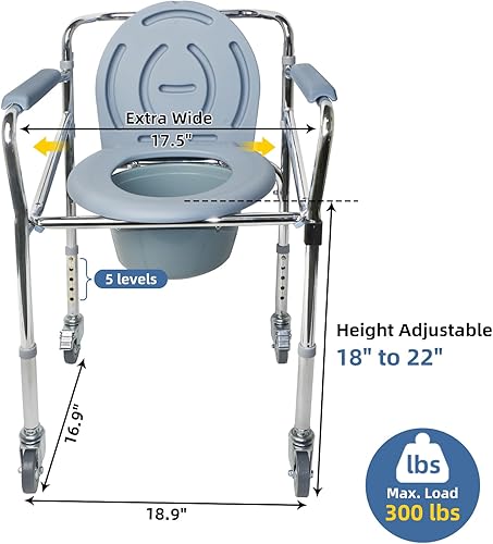 Miniatura 2 de Silla de mesita de noche con ruedas, marco de acero resistente, inodoros portátiles para ancianos con altura ajustable, cómodos de noche para