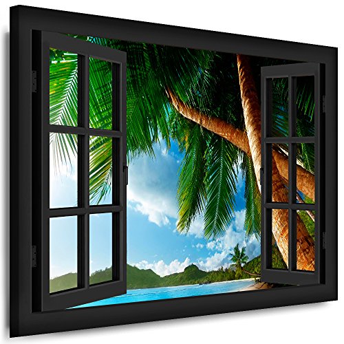 fotoleinwand24 Tableau sur châssis  Fenêtre Vue Plage Palmiers  leinwand24 photo/aa0252, Bois, Noir, 150 x 100 cm