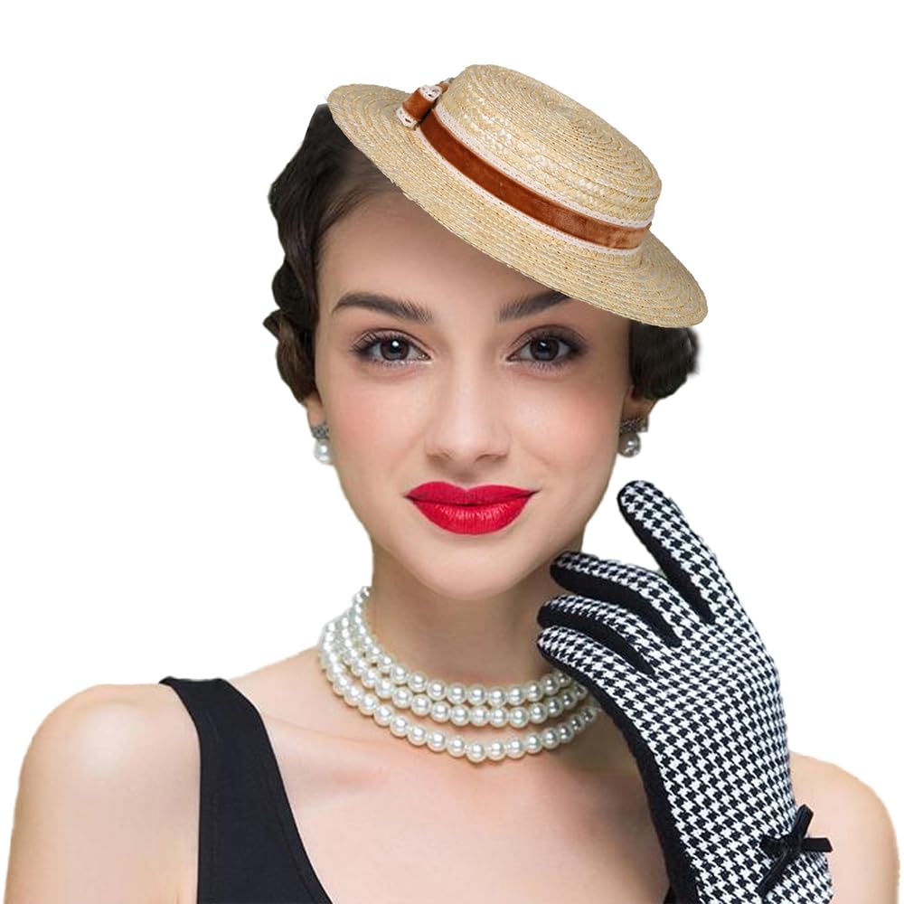 Boater Flat Top Straw Hat with Brown Velvet and Crochet Ribbon Bow Fascinator Hats for Women Cocktail Tea Party Derby Hat