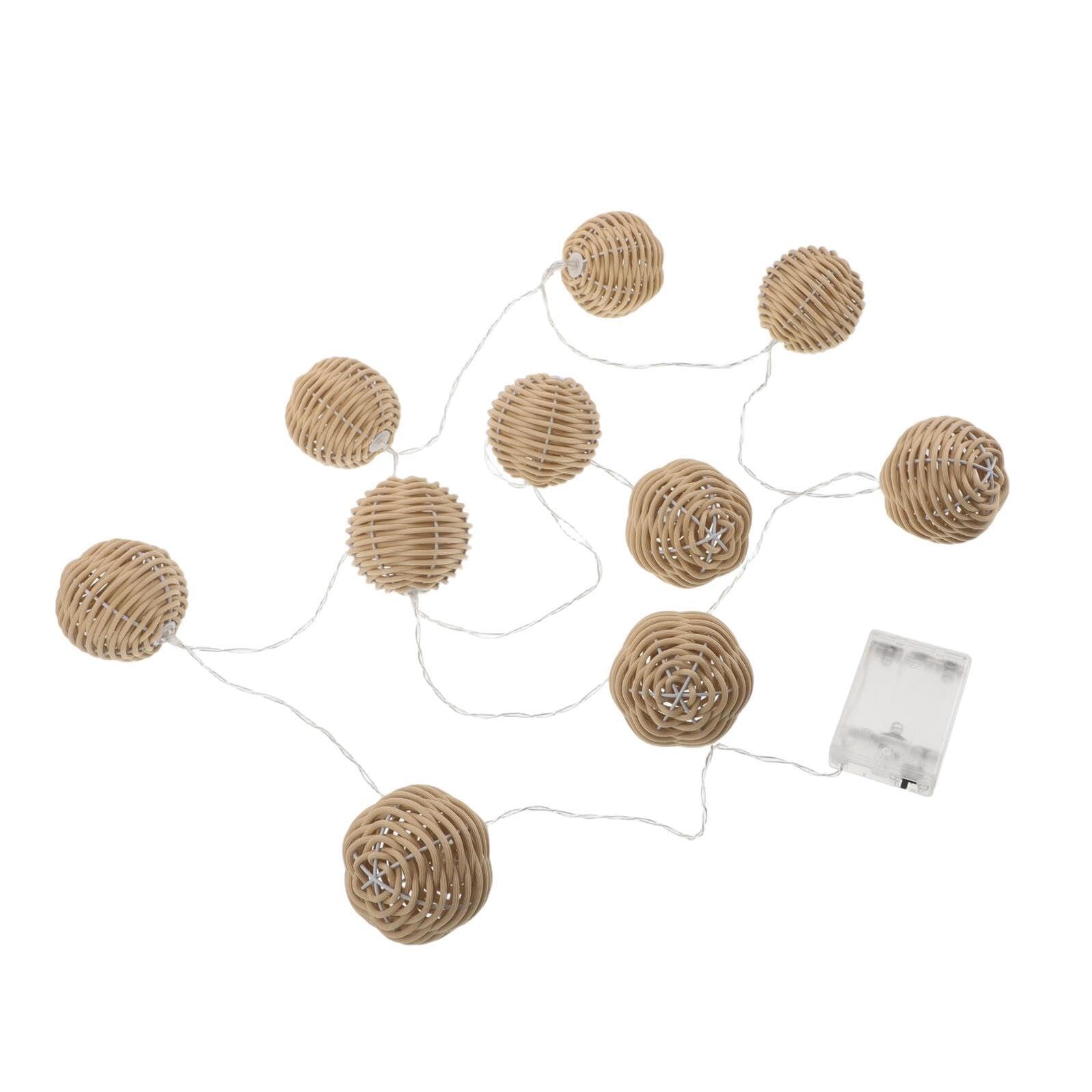 VALICLUD Batteriebetriebene LED Lichterkette mit Rattan Kugeln 10 flammig für Garten und Terrasse Außenbeleuchtung mit Natürlicher Laternen Optik Wetterfest und Dekorativ