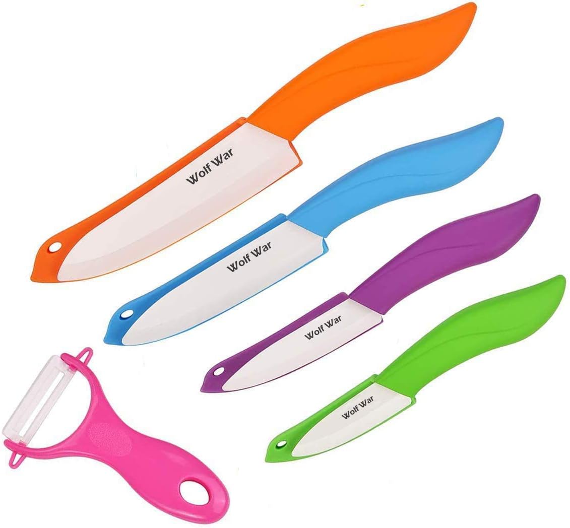 Ceramic Knife Set with Sheaths Black Set 5 Piece Kitchen Ceramic Knife 6" Chef Knife, 5" Utility Knife, 4" Fruit Knife, 3" Paring Knife, One Peeler