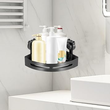 Shower Corner Organizer Suction With Bear Suction Cups, ABS Black Corner Showers Caddy, Bathroom Corners Shelves, Wall Mounted Shelf Basket, No Drill Suctions Storage Shower Organizer