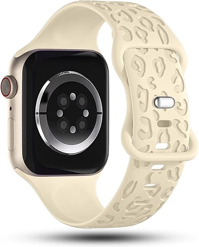 Miniatura 2 de CreateGreat Bandas Grabadas Compatibles con Apple Watch de 40mm 41mm 38mm 42mm 44mm 45mm 46mm 49mm, Correa de Silicona Suave con Patrón de Leopardo