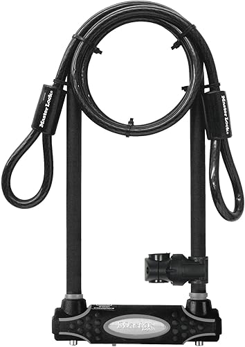 Master Lock Cerradura en U negra resistente para exteriores con cable de extremo en bucle con 2 llaves, cerradura antirrobo para bicicleta con